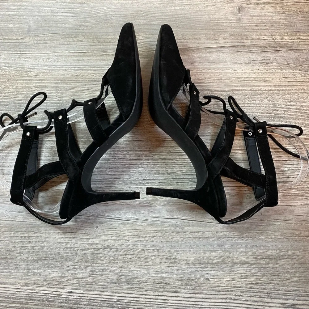 Black velvet pointy lace up heels